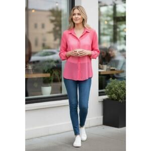 Ramy Brook Barbie Pink Sheer Button Front Collared Long Sleeve Blouse Top Medium